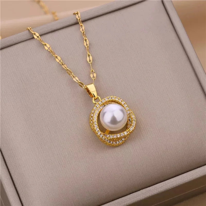 New Fashion Luxury 18K Gold Plated Imitation Pearl Pendant Necklaces For Women Trendy Retro Style Stainless Steel Clavicle Chain GONZALES ONLINE SHOP