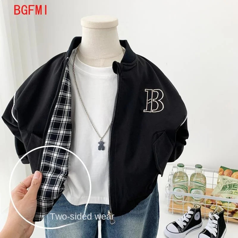 Boys Both Sides Baseball Coat 2024 New Spring Autumn Wear Children's Casual Handsome Two Faced Jackets for Children's Plaid Top GONZALES ONLINE SHOP