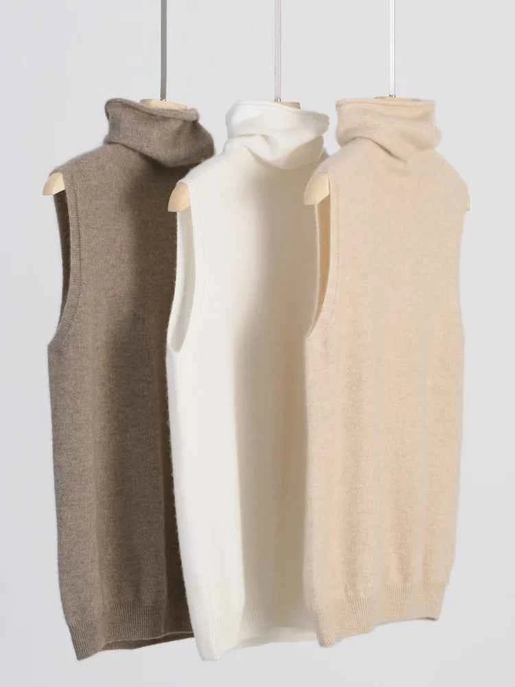 Women 100% Merino Wool Sleeveless Pullovers Turtleneck Sweater Waistcoat Wool Knitwear Spring Autumn Winter Fashion Vest Tops