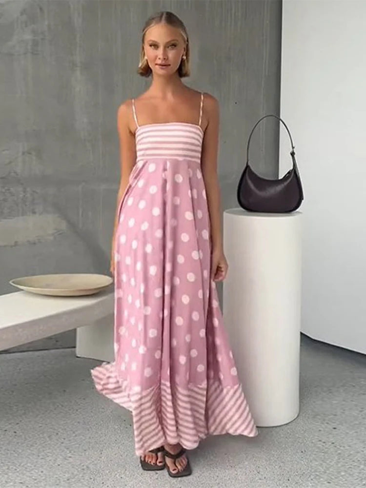 Pink Print Sling Dress Women Elegant Round Dot A Line Sleevelss Robe Female 2024 Summer Backless Elasticity Soft Dresses Lady GONZALES ONLINE SHOP