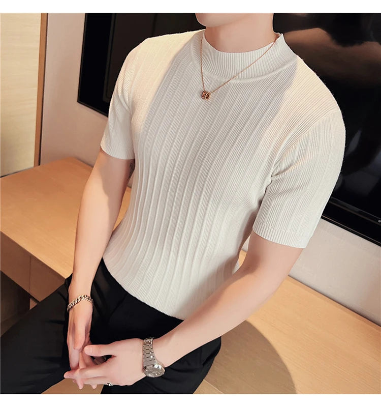 Men's High-End Casual Short Sleeve knitting Sweater/Male High collar Slim Fit Stripe Set head Knit Shirts Plus size S-4XL GONZALES ONLINE SHOP