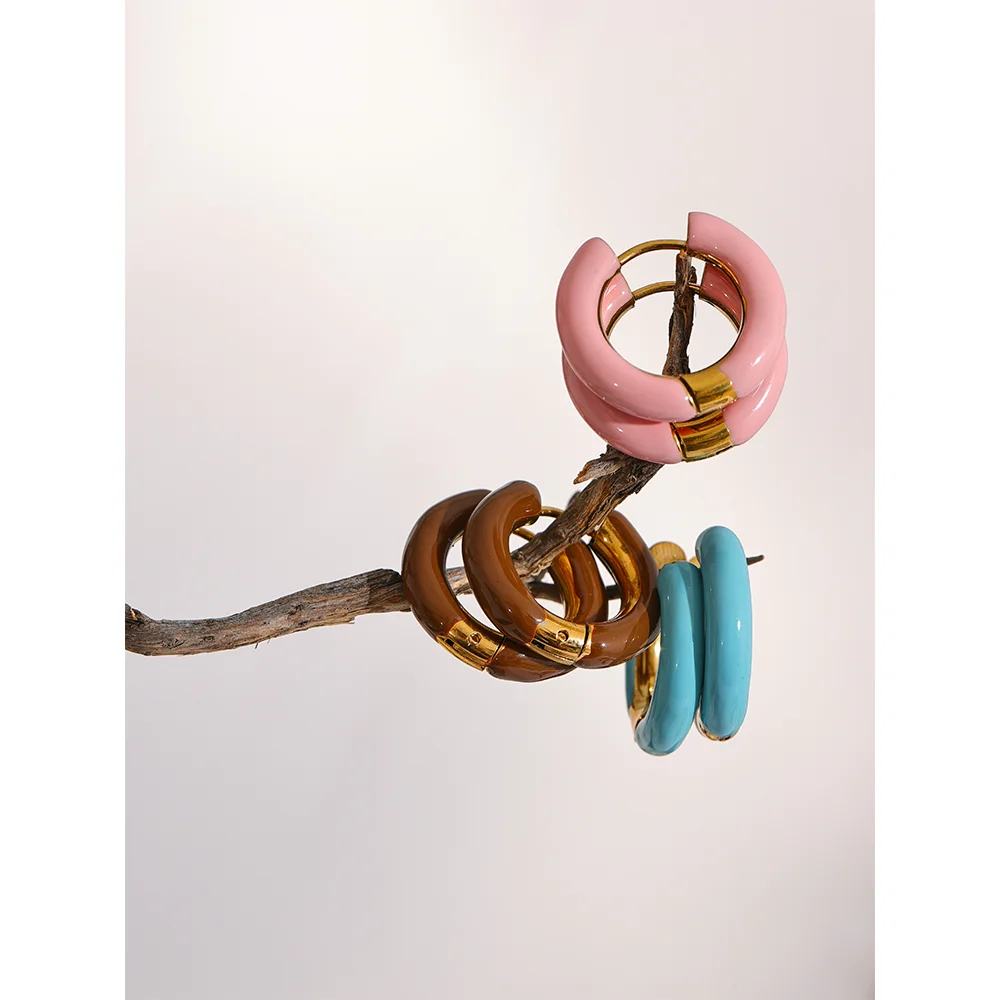 Yhpup 20mm Candy Color Blue Pink Brown Enamel Stainless Steel Hollow Hoop Earrings Golden Simple Trendy Y2K Sweet Jewelry Gift GONZALES ONLINE SHOP