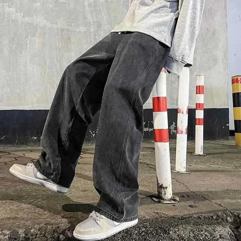 Spring and Autumn new American drawstring jeans for men, loose and versatile casual pants, trendy washed men's pants