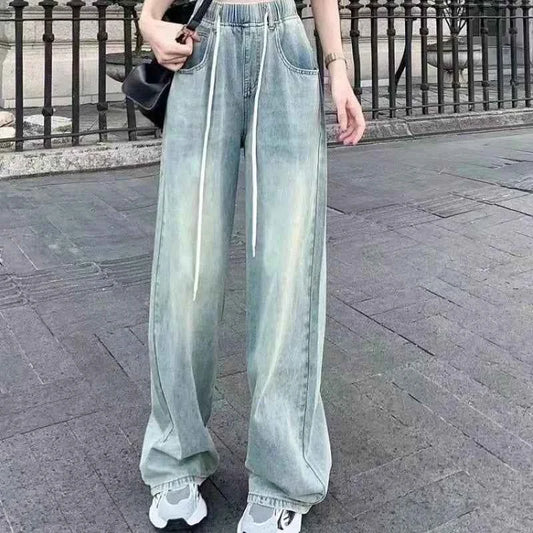 Waist Drawstring Jeans for Women in Spring Summer Korean Version Ins High Waist Slimming Student Straight Wide-leg Floor Pants