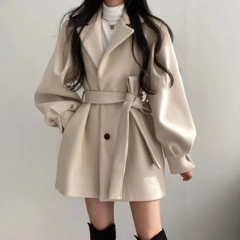 Autumn Winter Wool Jacket Women Clothing Woolen Coat Loose Lace-Up Single-Breasted Solid Wool Blend Coats Elegant Chic Outerwear GONZALES ONLINE SHOP