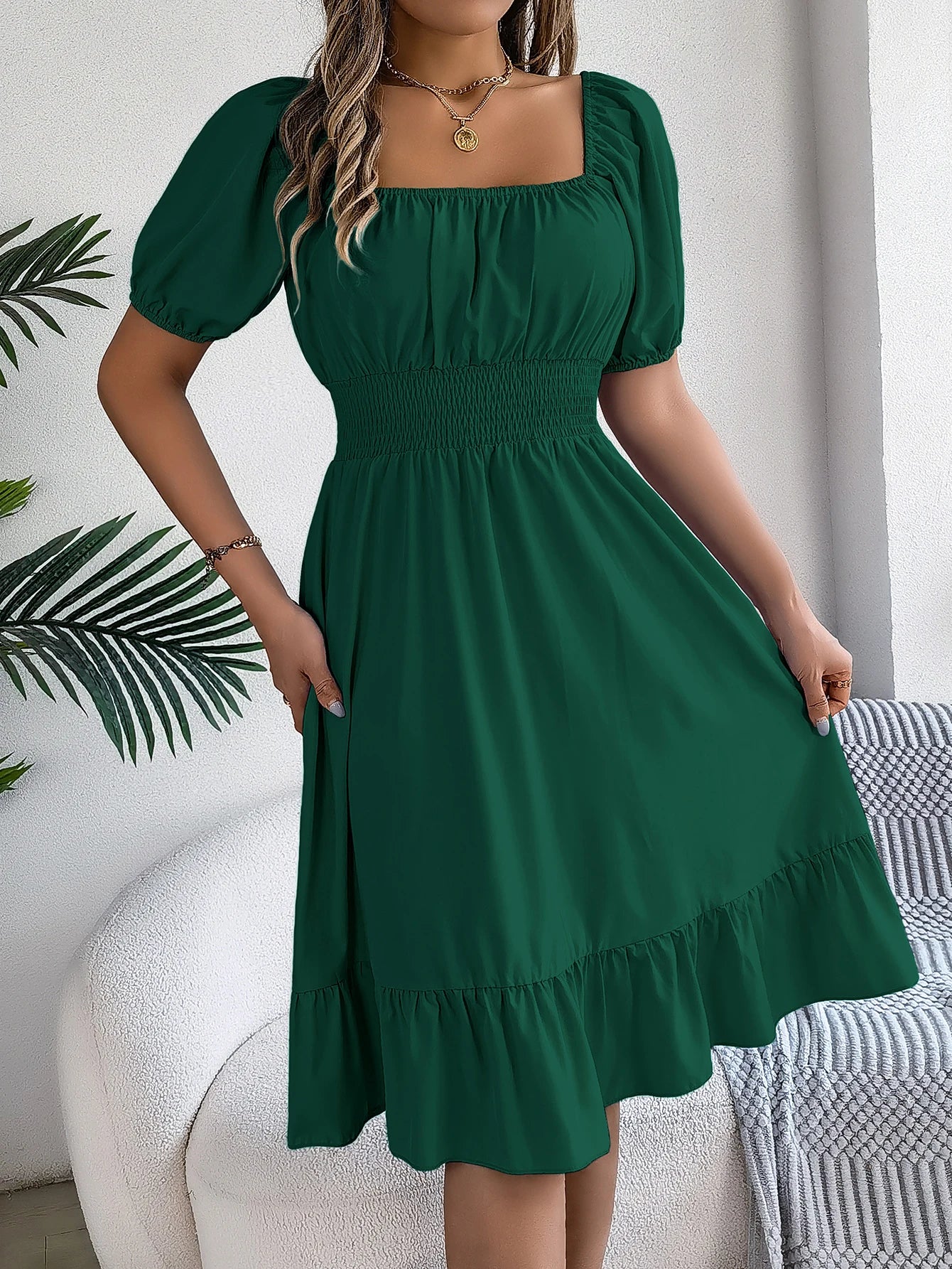 2024 New Fashion Solid Puff Sleeve Square Neck Ruched Bust Ruffle Hem Wasit Dress, Women's Clothing GONZALES ONLINE SHOP