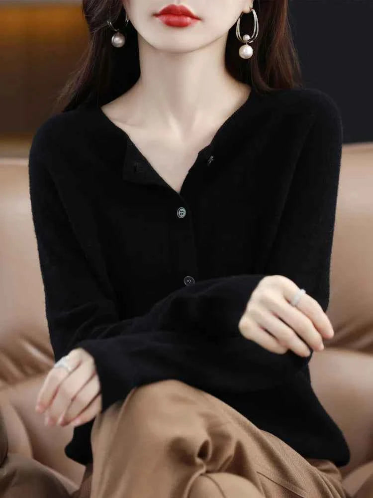 Women Cashmere Sweater 100% Merino Wool Knitted Cardigan Autumn Winter  Knitwear O-Neck Female  Solid Color Casual Fashion Top
