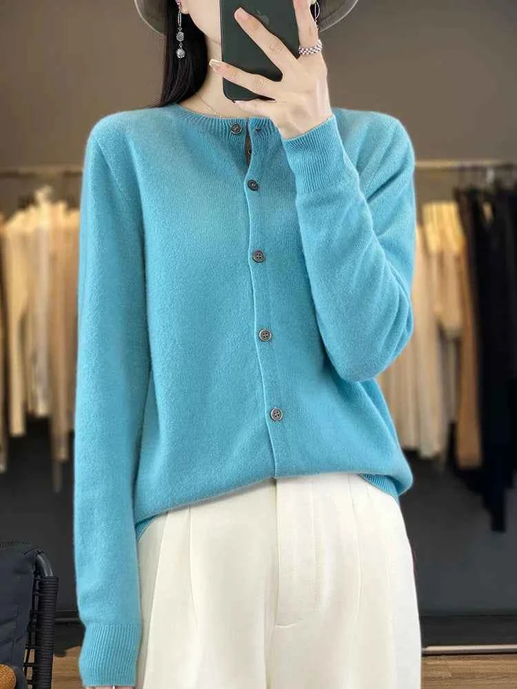 100% Merino Wool Sweater Women O-Neck Cardigan Basic Style  Buttoned Knitwear Female Casual Autumn Winter Soft Tops
