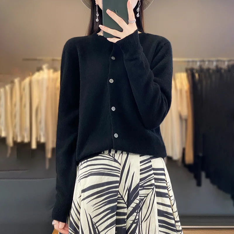 100% Merino Wool Sweater Women O-Neck Cardigan Basic Style  Buttoned Knitwear Female Casual Autumn Winter Soft Tops GONZALES ONLINE SHOP