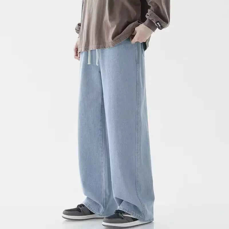 Light Wash Men's Drawstring Jeans Loose Straight Leg Floor-Length Trendy Casual Wide Leg Long Trousers Comfortable Fit