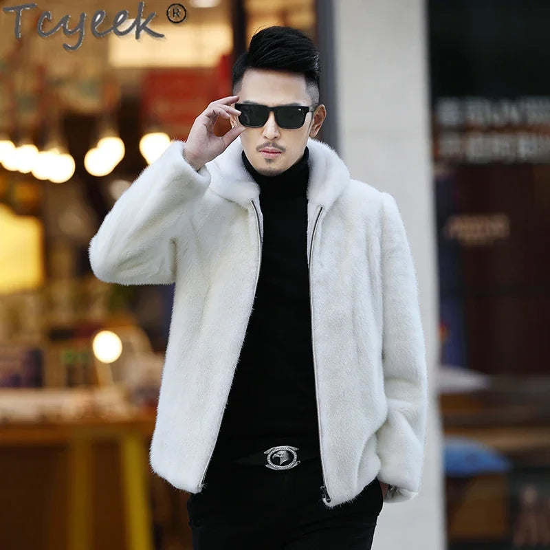 Tcyeek Natural Mink Fur Coat Men's High-end Real Fur Coat Men 2023 Winter New White Whole Mink Fur Hooded Coats Fashion Zipper GONZALES ONLINE SHOP