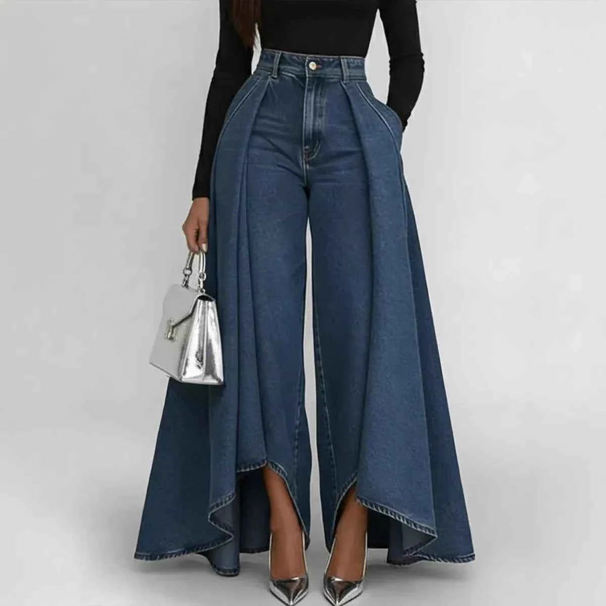High Waisted Wide Leg Jeans For Women Asymmetrical Hem Loose Fit Denim Pants Streetwear Fashion With Pockets  Casual Trousers