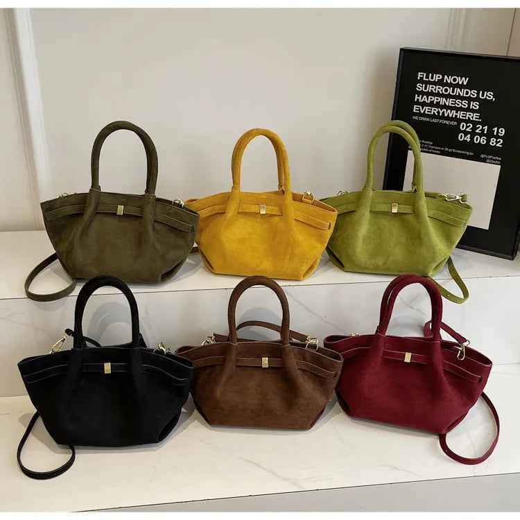 Matte Leather Suede Tote Handbags for Women Large Capacity Retro Shoulder Bag Fall Winter Belt Design Female Crossbody Bags