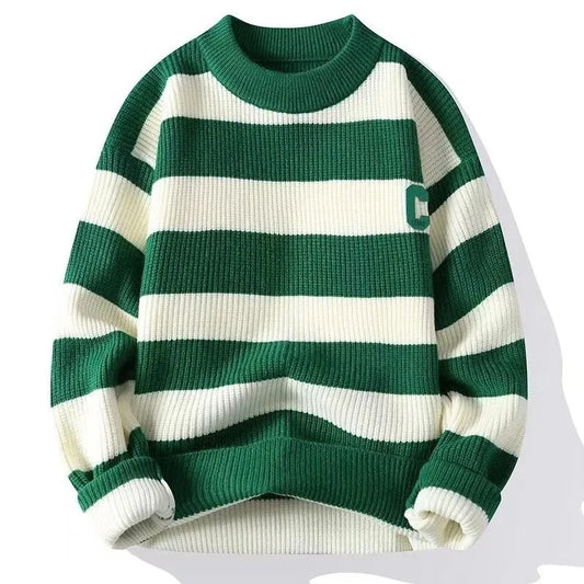 Autumn/Winter Men's Pullover Round Neck Loose Striped Contrast Letter Warm and Thick Casual Fashion Elegant Commuting Knitwear GONZALES ONLINE SHOP