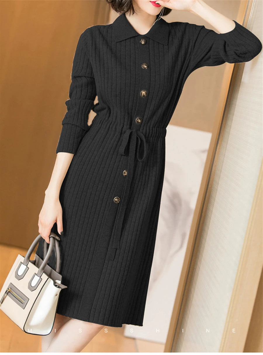 Elegant Knitted Sweater Dress Fashion Korean Long Sleeve Drawstring Waist Dresses Fall Vintage Women Mid-length Vestidos New GONZALES ONLINE SHOP