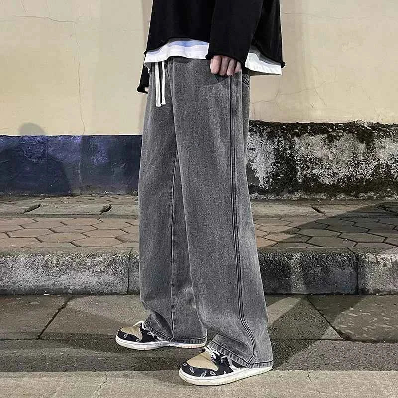 Spring and Autumn new American drawstring jeans for men, loose and versatile casual pants, trendy washed men's pants