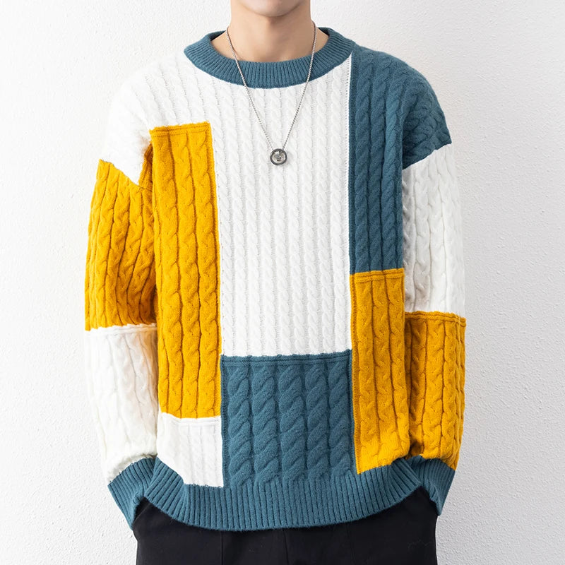 New Winter Fashion Patchwork Loose Sweater Men Streetwear High Quality Mens Casual Sweaters Warm Knitting Pullovers Men GONZALES ONLINE SHOP