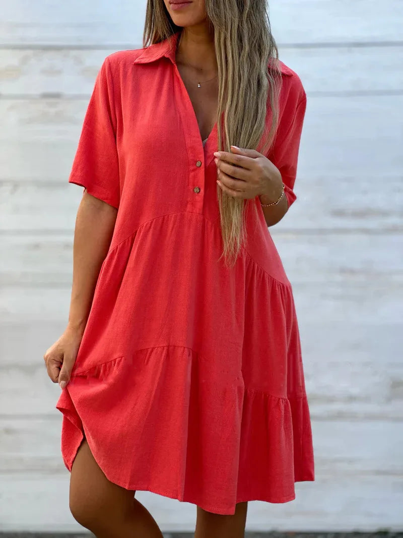 Loose Solid Casual Cotton And Linen Dress Women Summer Short Sleeve Ruffle Stitching Button Shirt Dress Women's Holiday Clothing GONZALES ONLINE SHOP