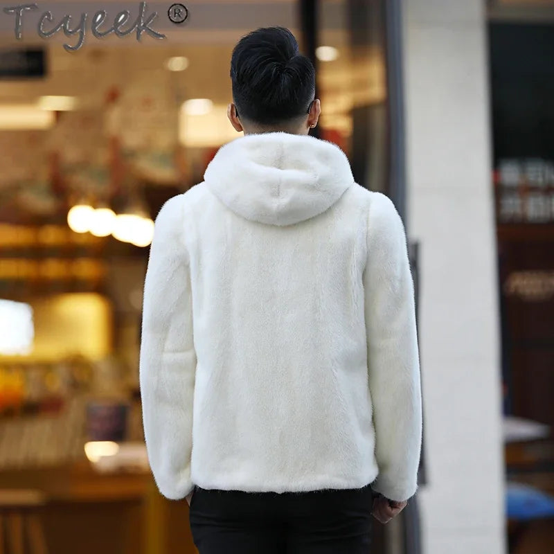 Tcyeek Natural Mink Fur Coat Men's High-end Real Fur Coat Men 2023 Winter New White Whole Mink Fur Hooded Coats Fashion Zipper GONZALES ONLINE SHOP