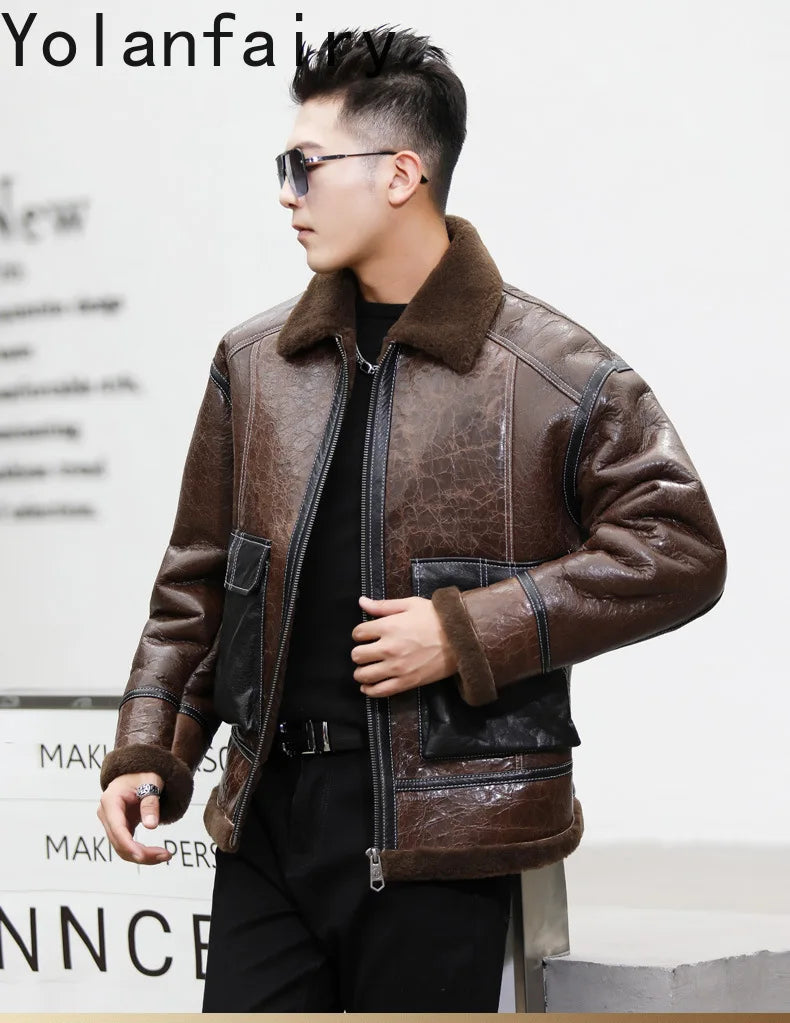 YOLANFAIRY Genuine Sheepskin Jacket Mens Real Fur Coat Winter Clothes Cropped Leather Jacket Men Wool Jacket Men Бомбер 2024 GONZALES ONLINE SHOP