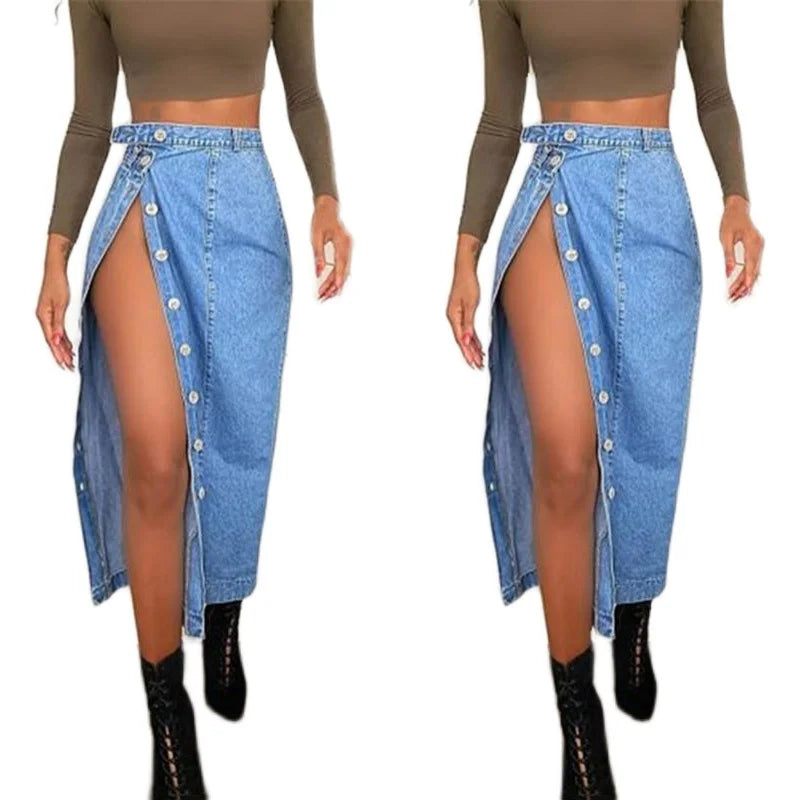 Casual Mid-Length Denim Skirt High Waist A-Line Skirt with Slit for Women Commute Pure Color Long Skirt with Button Detail GONZALES ONLINE SHOP