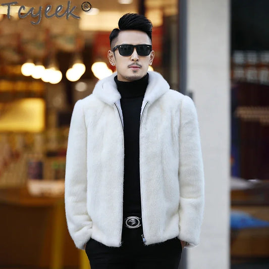 Tcyeek Natural Mink Fur Coat Men's High-end Real Fur Coat Men 2023 Winter New White Whole Mink Fur Hooded Coats Fashion Zipper GONZALES ONLINE SHOP