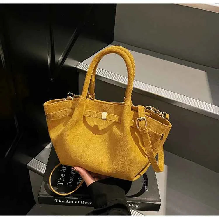 Matte Leather Suede Tote Handbags for Women Large Capacity Retro Shoulder Bag Fall Winter Belt Design Female Crossbody Bags