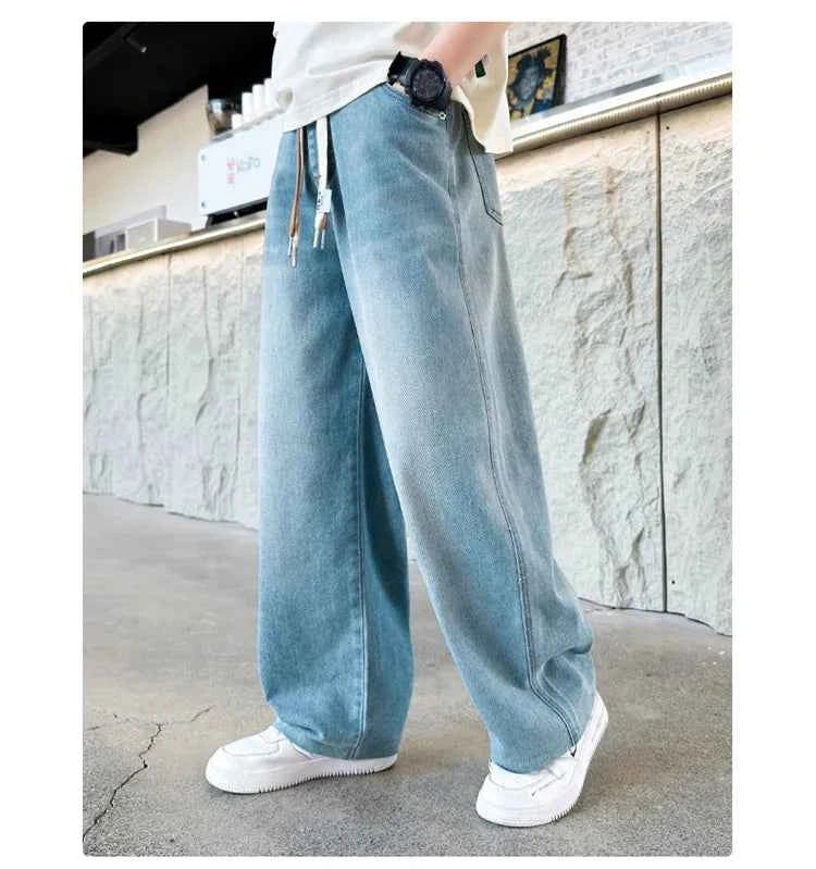 High Quality Kids Straight Fit Drawstring Jeans for Boy Girl Brief High Waist Denim Pants Unisex Child Casual Jeans Trousers