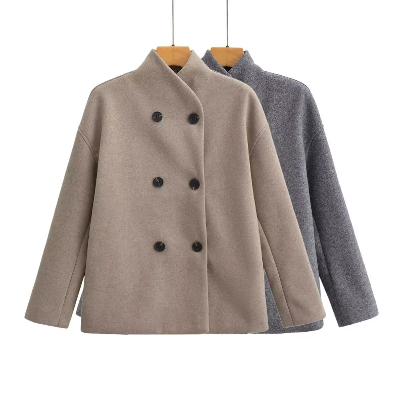 Elegant O Neck Double Breasted Woolen Short Jacket Chic Women Long Sleeve Stand Collar Warm Coat Winter Lady Casual Outerwear ﻿ GONZALES ONLINE SHOP