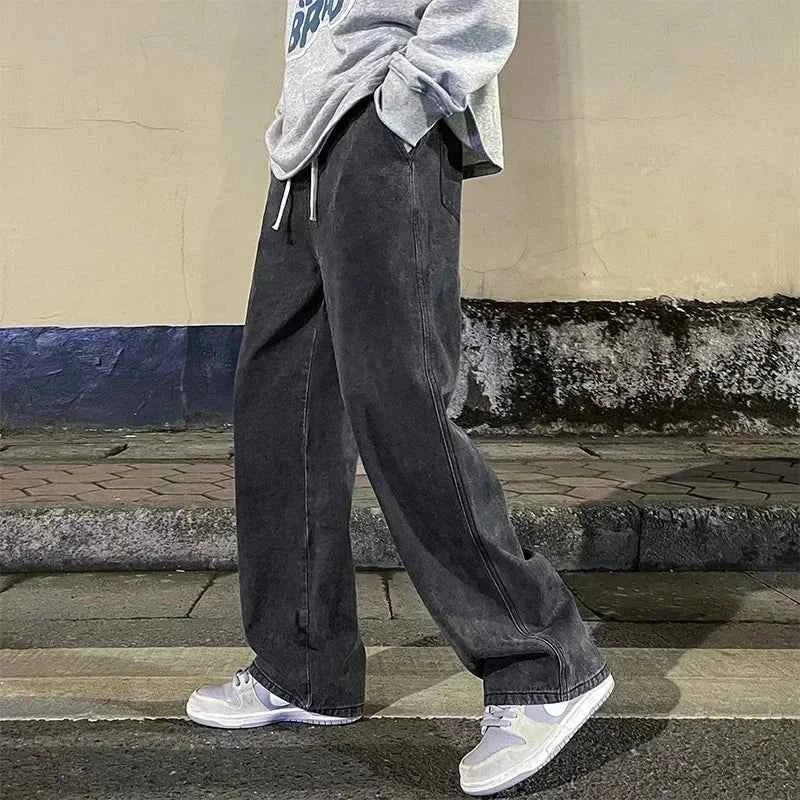 Spring and Autumn new American drawstring jeans for men, loose and versatile casual pants, trendy washed men's pants
