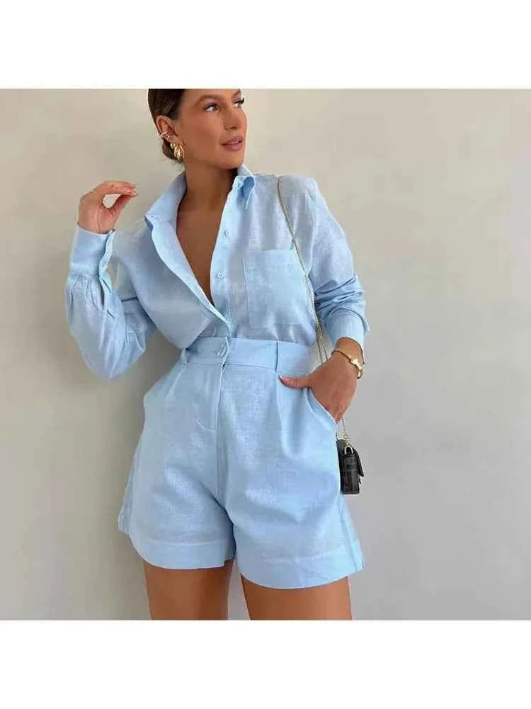 Women Long Sleeve 2 Pieces Sets Casual Simple Button Pockets Short Pant with Shirts Tops 2026 Summer Fashion Suit Female Outfits