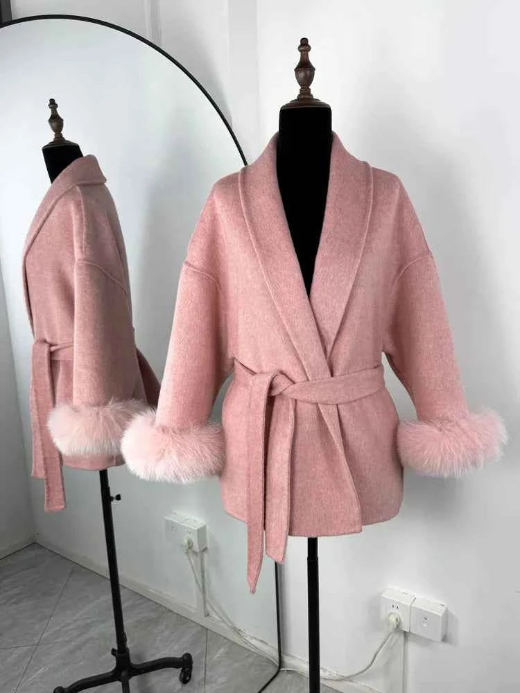 Tossy Fox Fur Wool Overcoat Women's Short Coat Office Lady Elegant Double-sided Woolen Coat 2025 New Cardigan Jackets Loose Wool