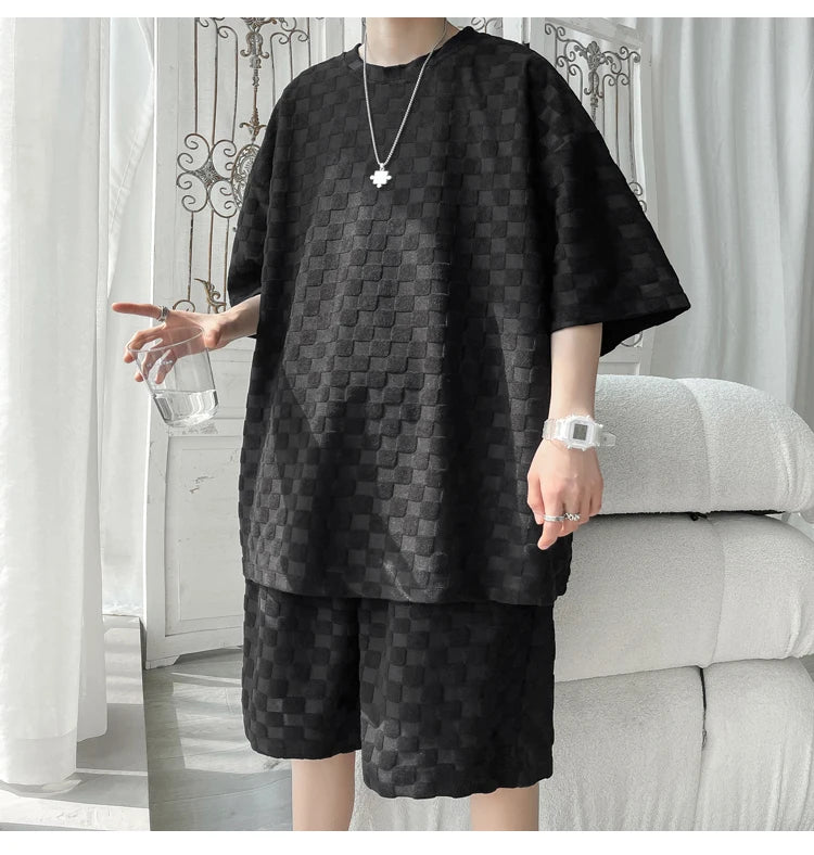 Men's Set Fashion Summer Loose Casual Plaid T Shirts And Shorts High Quality Korean Luxury Clothing Men's Clothes Big Size 5XL-M GONZALES ONLINE SHOP