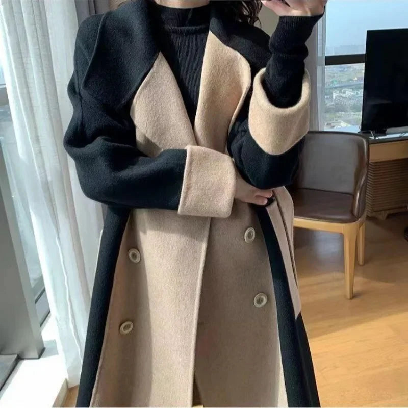 Women Patchwork Long Blends Coat Autumn Winter Turn Collar Single Breasted Coats Commute Elegant Parkas New Chic Warm Outwears GONZALES ONLINE SHOP