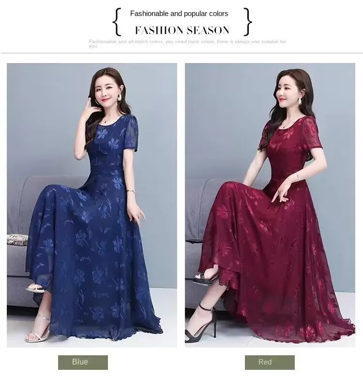 Casual Blue Clothes For Women Summer Maxi Dress 2024 New Red Chiffon O-Neck Party Elegant Boho Korean Fashion Evening Dresses GONZALES ONLINE SHOP