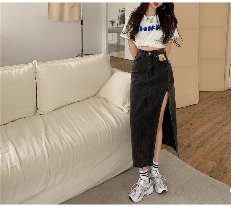 Streamgirl Maxi Jeans Skirt Women Denim Long Skirts Summer 2024 Vintage Maxi Skirt Side Split Denim Skirt Women Long Korean GONZALES ONLINE SHOP