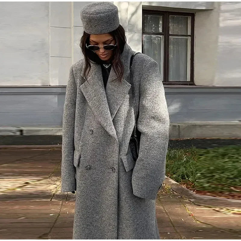 Retro Turn Down Collar Long Coat Women Autumn Solid Long Sleeve Maxi Coats Female Elegant Chic Oversize Double Breasted Outwear GONZALES ONLINE SHOP