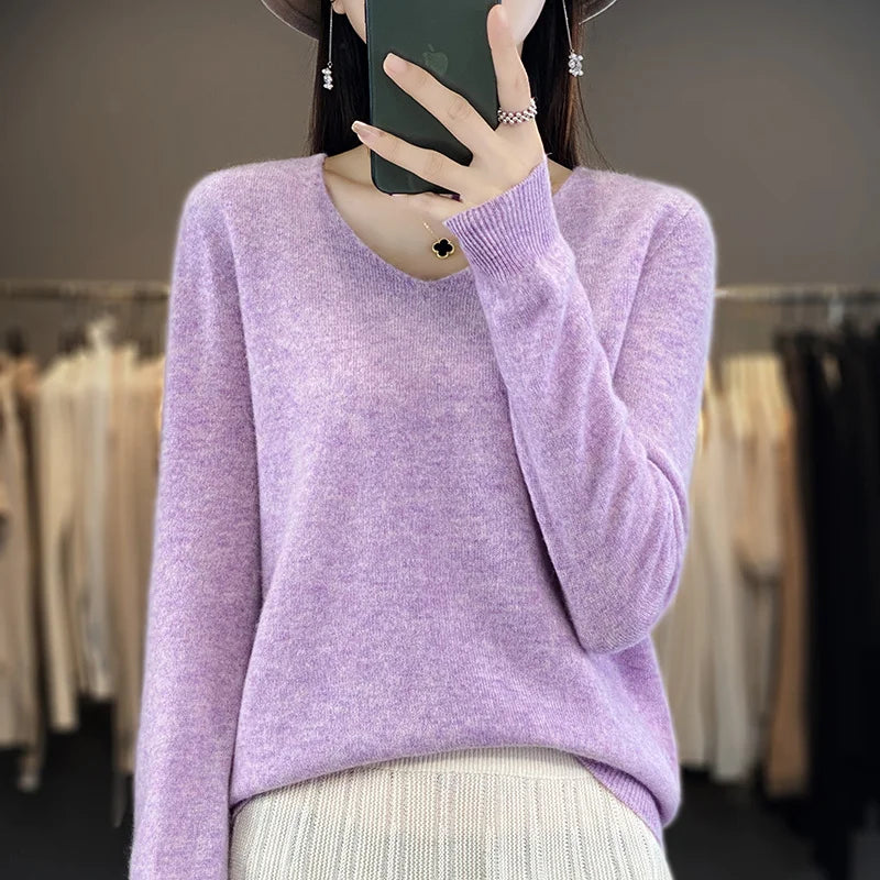 Women 100% Merino Wool Sweater V-Neck Basic Pullover Autumn Winter Cashmere Clothing Long Sleeve Soft Knitwear Tops Solid Color GONZALES ONLINE SHOP