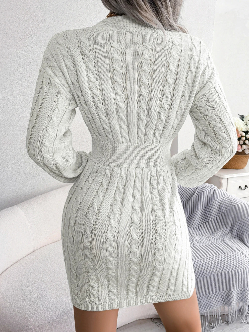 White Knitted Dresses Sweater Dress Lady V Neck Party Prom Clothes Winter Fashion Chic Long Sleeve Mini Skirt Bodycon Streetwear GONZALES ONLINE SHOP