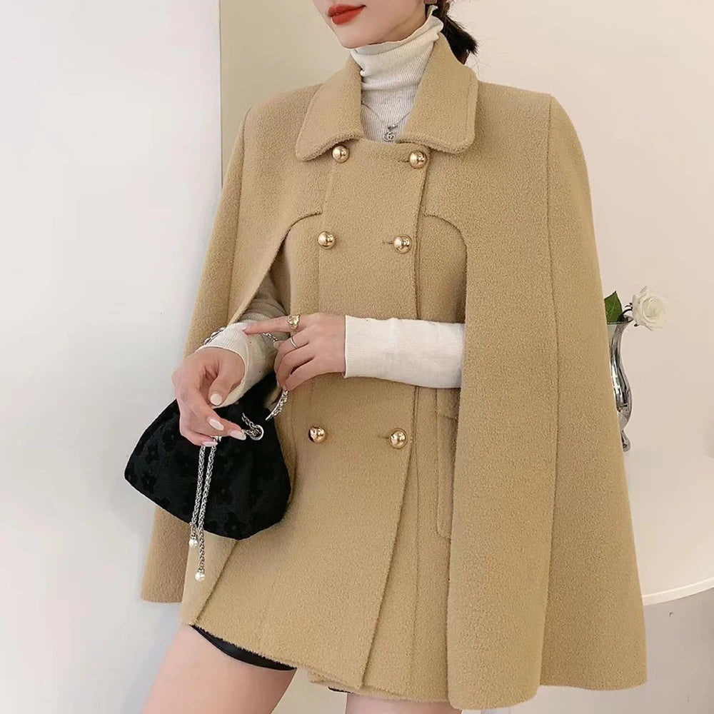 TWOTWINSTYLE Solid Patchwork Pocket Chic Coat For Women Lapel Cloak Sleeve Spliced Double Breasted Elegant Coats Female Style GONZALES ONLINE SHOP