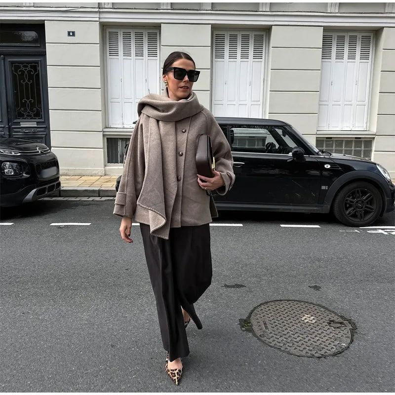 Fashion Solid Woolen Coat With Scarf Elegant Long Sleeve Single Breasted Pockets Jackets 2024 Winter Female Chic Street Outwear GONZALES ONLINE SHOP