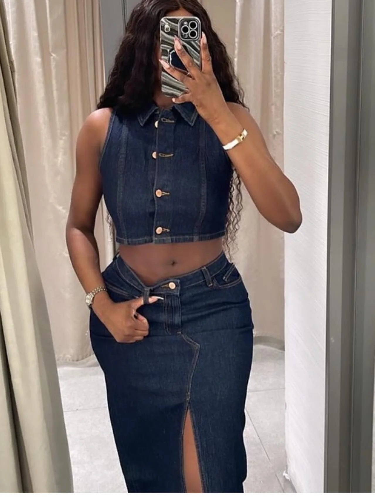Women's Denim Vest Sleeveless Midi Dress Suit Front Slit Design High Waist Classic Pocket Detail Fashion Ladies Stylish GONZALES ONLINE SHOP