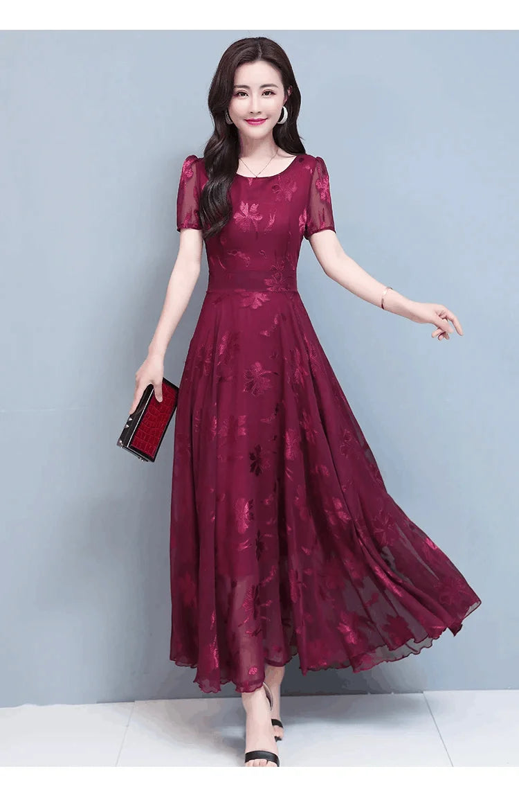 Casual Blue Clothes For Women Summer Maxi Dress 2024 New Red Chiffon O-Neck Party Elegant Boho Korean Fashion Evening Dresses GONZALES ONLINE SHOP