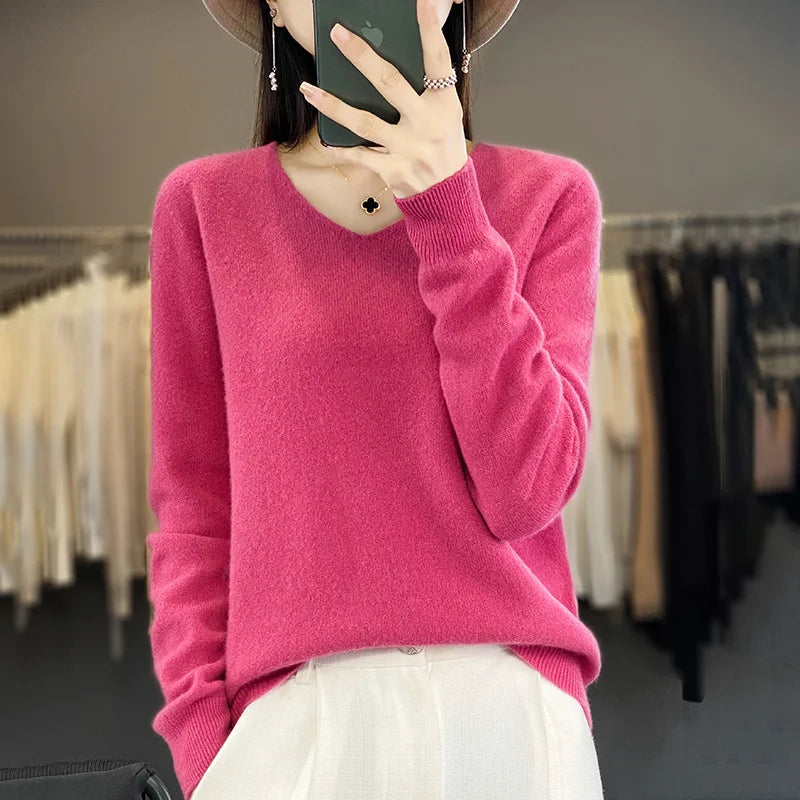 Women 100% Merino Wool Sweater V-Neck Basic Pullover Autumn Winter Cashmere Clothing Long Sleeve Soft Knitwear Tops Solid Color GONZALES ONLINE SHOP