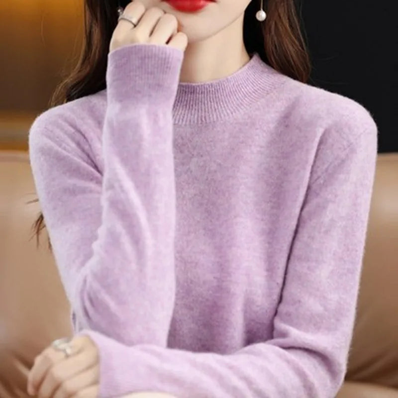 Half High Solid Color Cashmere Sweater For Women Loose Pullover Autumn and Winter Contracted Commuter Basic Knitwear Top Base GONZALES ONLINE SHOP