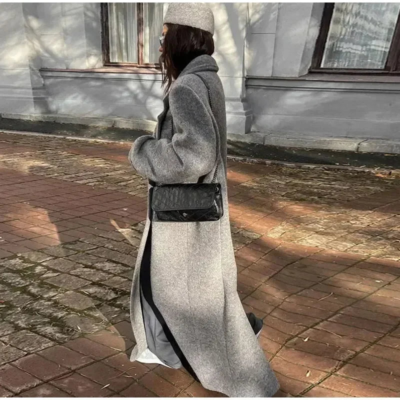 Retro Turn Down Collar Long Coat Women Autumn Solid Long Sleeve Maxi Coats Female Elegant Chic Oversize Double Breasted Outwear GONZALES ONLINE SHOP