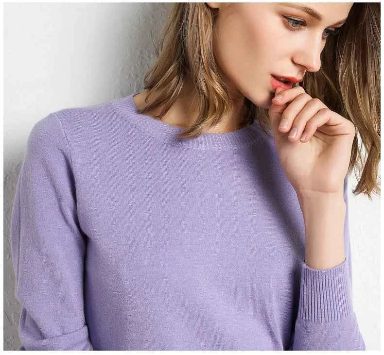 Women Slim O-Neck Solid Pullover Cashmere Wool Blending Sweater Autumn And Winter Long-Sleeved Knit Bottoming Shirt Large Size