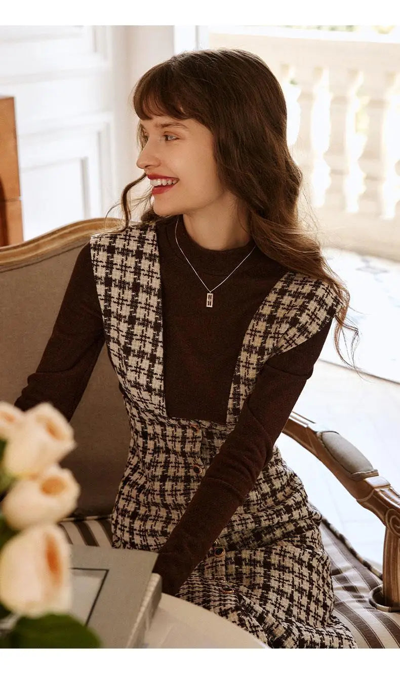 Women's Autumn Winter Fashion Sleeveless Plaid Dress Korean Lady Graceful Sweater Tops Overall Dresses 2 Piece Set 2022 Outfits GONZALES ONLINE SHOP