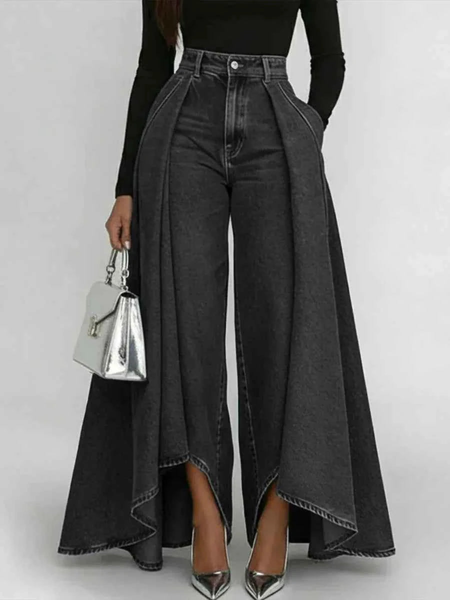 High Waisted Wide Leg Jeans For Women Asymmetrical Hem Loose Fit Denim Pants Streetwear Fashion With Pockets  Casual Trousers