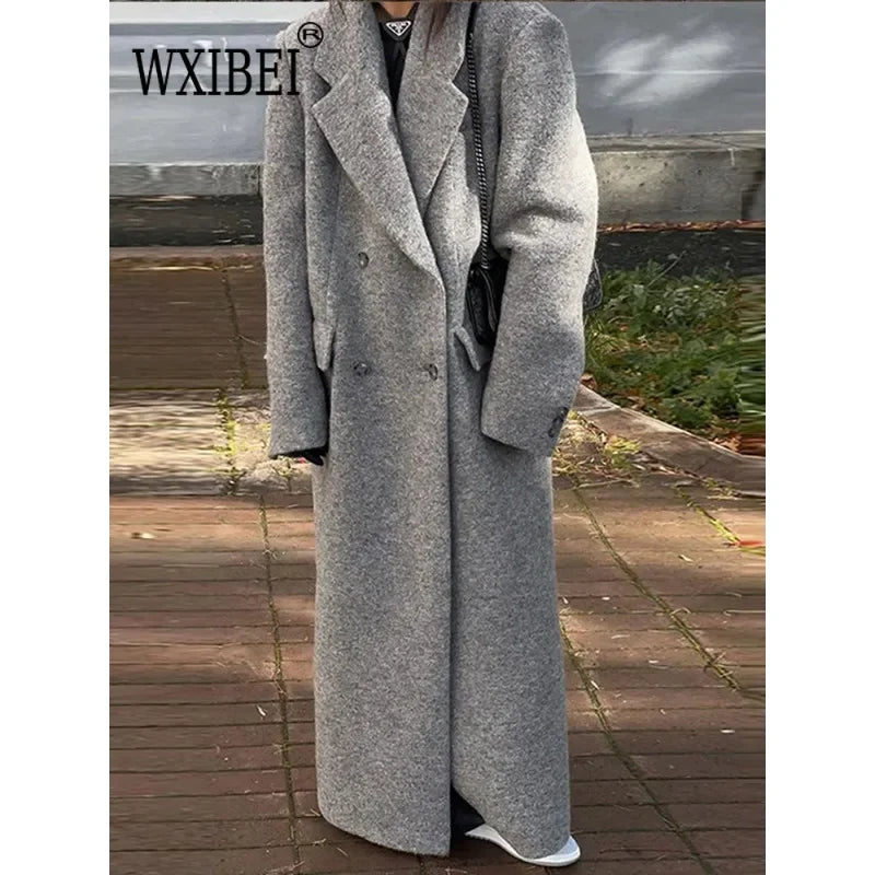 Retro Turn Down Collar Long Coat Women Autumn Solid Long Sleeve Maxi Coats Female Elegant Chic Oversize Double Breasted Outwear GONZALES ONLINE SHOP